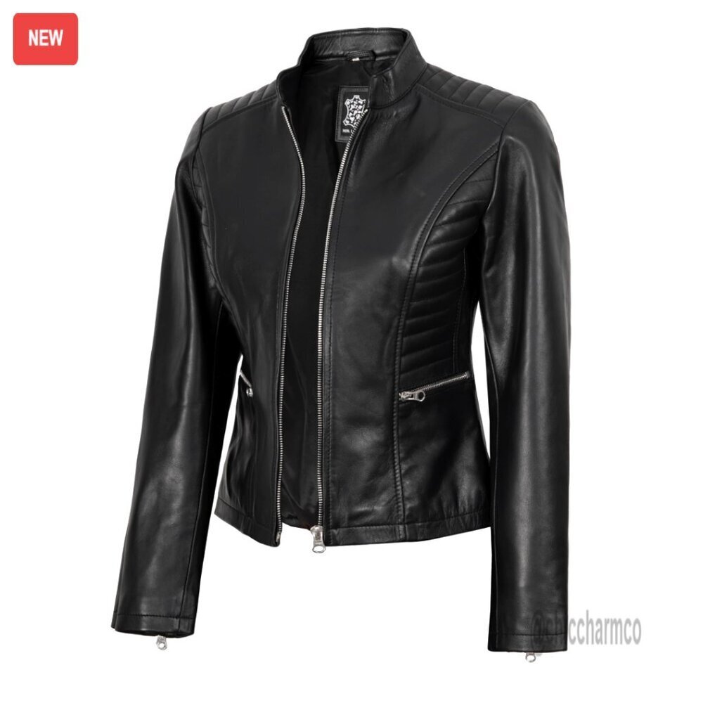 Real Lambskin Leather Jacket Cafe Racer Style Stand Collar Classic Chic